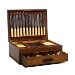 Oak canteen box containing various silver plated and other cutlery