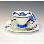 Shelley Art Deco trio of cup,saucer and plate, the former with solid 'fin' handle, pattern 11744