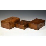 Three assorted wooden boxes comprising: a brass-bound figured walnut Campaign-style box, Victorian