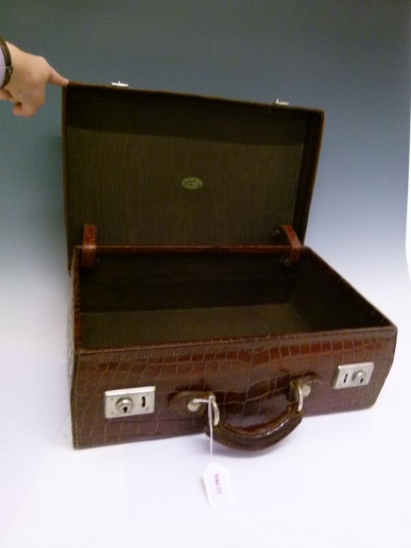 Small early 20th Century crocodile leather suitcase, having nickel plated fittings, makers label for - Image 8 of 8