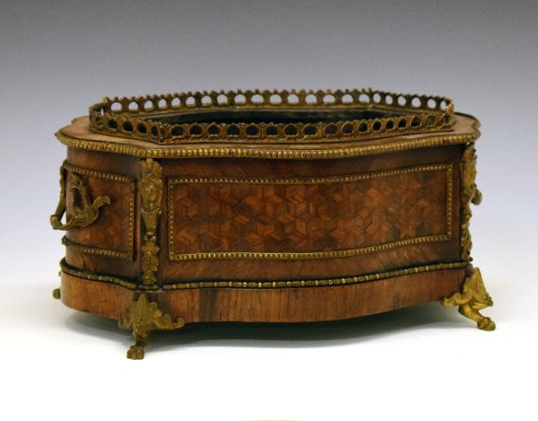 Late 19th Century French rosewood and parquetry jardinière, of serpentine form with pierced gilt