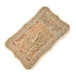 19th Century Cantonese carved ivory visiting card case, each side having a reserve panel depicting