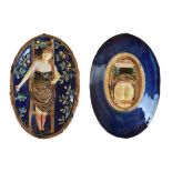 Bernard Bloch & Co erotic themed majolica oval dish, the top side decorated with a young woman