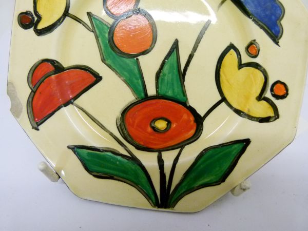 Rare Clarice Cliff Fantasque octagonal side plate, painted with a stylised foliate spray, 14.5cm - Image 6 of 9