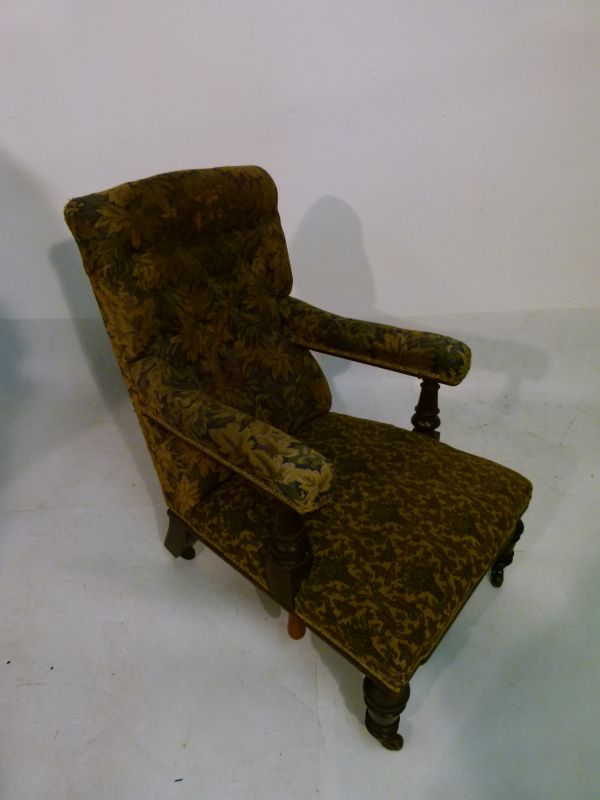 Victorian mahogany Campaign-style chair, the deep buttoned back and over stuffed arms on turned - Bild 3 aus 12