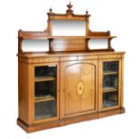 Late 19th Century inlaid satinwood credenza or side cabinet, the superstructure having urn