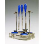 George V silver blue enamel and glass manicure set, sponsors mark of Albert Carter, Birmingham