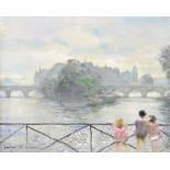 Jules René Hervé (1887-1981), - Oil on canvas - Children on a bridge over the Seine, signed, 21cm