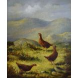 Tom Hold (19th Century), - Oil on canvas - Mountainous landscape with three grouse, signed, 28.5cm x