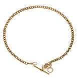 15ct gold double albert watch chain, of solid curb links, with a bolt ring, swivel and T bar, 43cm