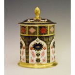 Royal Crown Derby cylindrical jar and cover, decorated in the Imari palette, red printed marks and