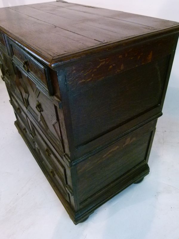 Late 17th Century oak geometric chest of drawers having a planked rectangular top with moulded - Bild 4 aus 13