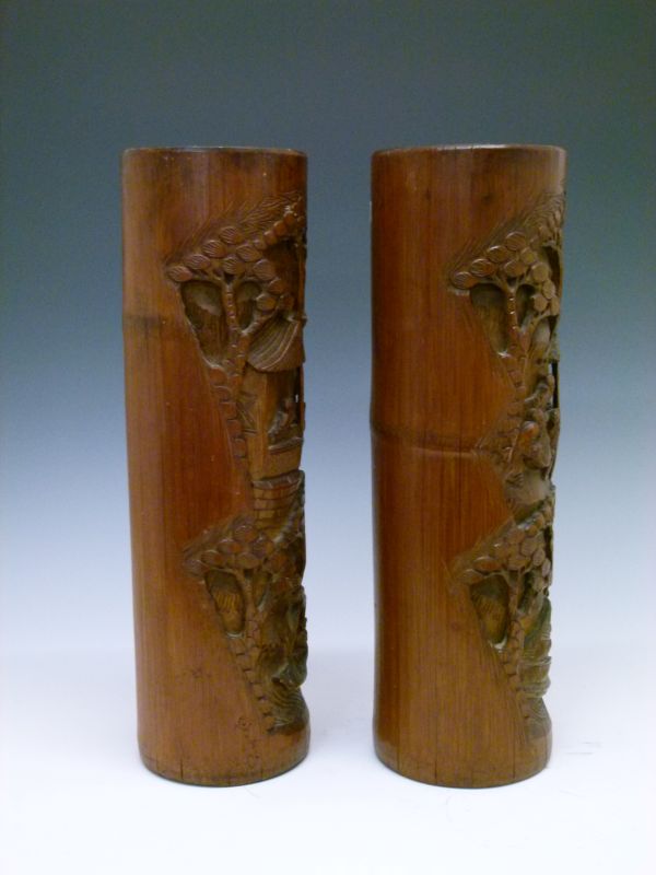 Large pair of Chinese carved bamboo brush pots, each of tall cylindrical form typically relief- - Image 2 of 12
