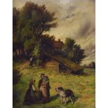 19th Century oil on canvas, - Figures outside a small holding, indistinctly signed, 37cm x 29cm