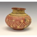 South American pottery squat circular vase, having typical primitive painted decoration, 17cm high
