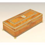 Early 20th Century Indian ivory inlaid satinwood card box, the cover inlaid with the crest of the