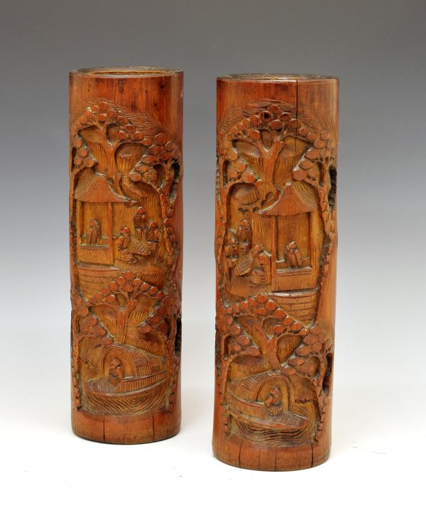 Large pair of Chinese carved bamboo brush pots, each of tall cylindrical form typically relief-