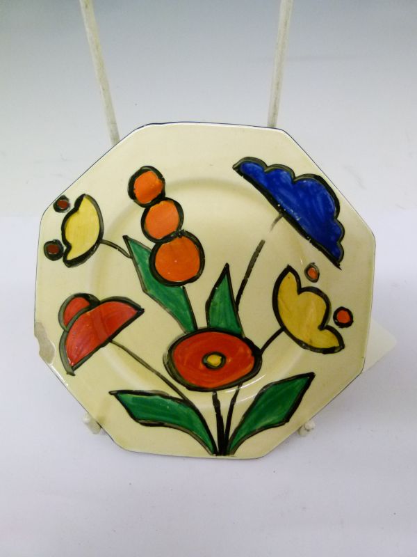 Rare Clarice Cliff Fantasque octagonal side plate, painted with a stylised foliate spray, 14.5cm - Image 2 of 9
