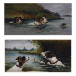 Follower of Charles Dudley (19th Century), - Pair of oils on board - Two terriers chasing a water