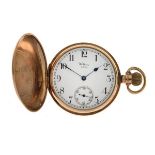 Waltham - 9ct gold hunter pocket watch, white enamel dial, black hands, Arabic numerals and