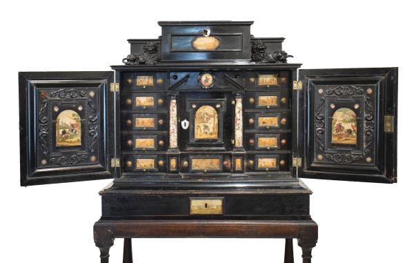 Good 19th Century Italian ebonised, pietra dura and pietra paesina-inlaid cabinet on stand, the