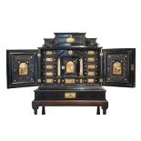 Good 19th Century Italian ebonised, pietra dura and pietra paesina-inlaid cabinet on stand, the