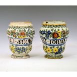 Pair of 18th Century Continental polychrome decorated drug jars, Italian or French, each decorated