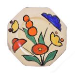 Rare Clarice Cliff Fantasque octagonal side plate, painted with a stylised foliate spray, 14.5cm