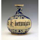 18th Century Italian baluster shaped drug bottle, having blue and white painted decoration and