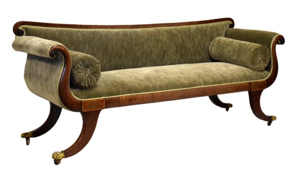 Regency mahogany double scroll-end settee, with padded back and seat between scroll arms, with squab