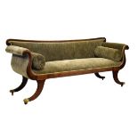 Regency mahogany double scroll-end settee, with padded back and seat between scroll arms, with squab