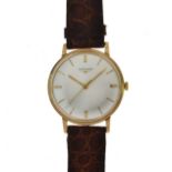 Longines, - Gentleman's 9ct gold manual wind wristwatch, signed silvered dial with gilt central