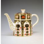 Royal Crown Derby oval teapot, of tapered form, decorated in the Imari palette, printed marks and
