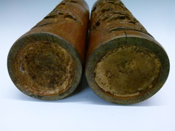 Large pair of Chinese carved bamboo brush pots, each of tall cylindrical form typically relief- - Image 12 of 12