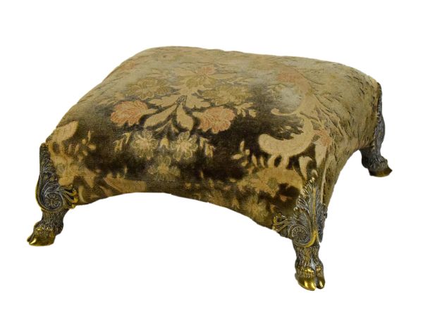 Unusual early 19th Century bronze-mounted footstool, the square stuff-over top on four cast hoof