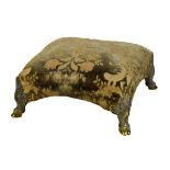 Unusual early 19th Century bronze-mounted footstool, the square stuff-over top on four cast hoof