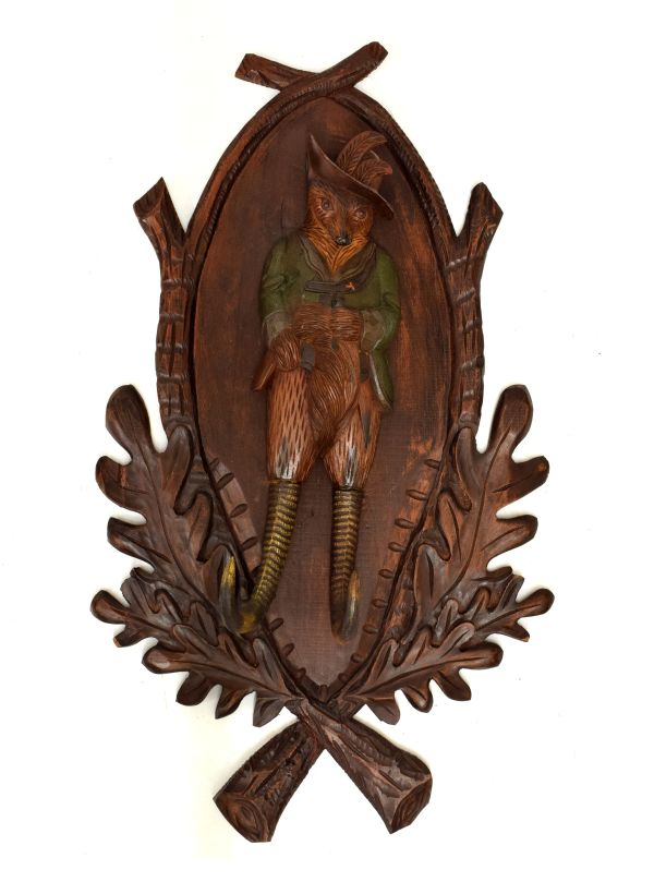 Late 20th Century Black Forest type wall mounted hat/coatrack, formed as an anthropomorphic fox,