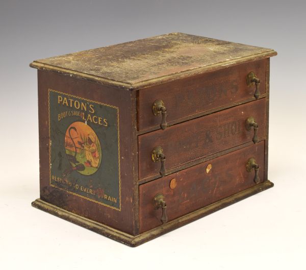 Advertising, - Paton's Boot & Shoe Laces - An early 19th Century stained pine counter top chest, the