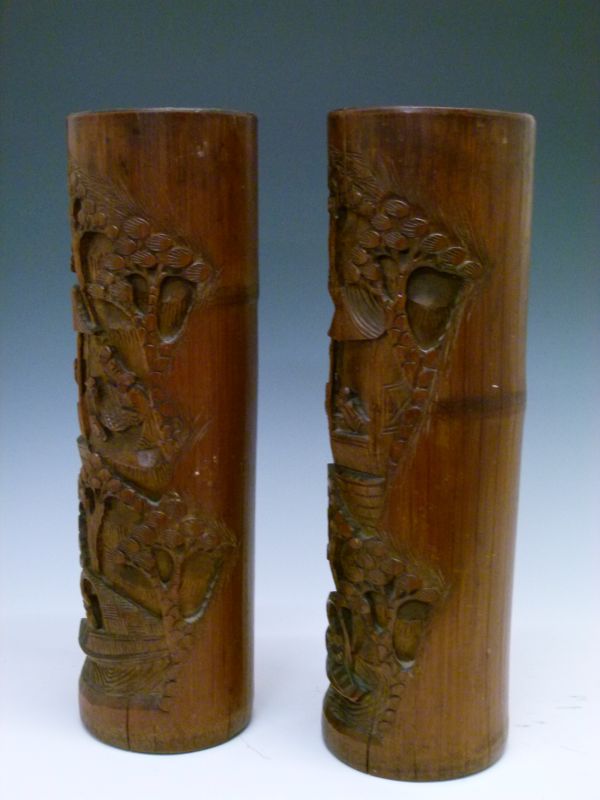 Large pair of Chinese carved bamboo brush pots, each of tall cylindrical form typically relief- - Image 7 of 12