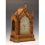 Victorian Gothic Revival golden oak-cased triple fusee bracket or table clock, Bennett, 65 & 64
