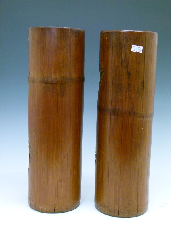Large pair of Chinese carved bamboo brush pots, each of tall cylindrical form typically relief- - Image 5 of 12