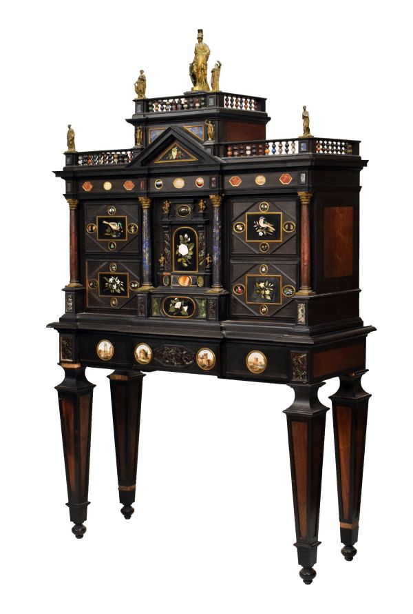 Fine 19th Century Italian ebonised, pietra dura and micromosaic-inlaid cabinet on stand, Florentine,