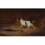 Manner of Colin Graeme Roe (1858-1910), - Oil on canvas - Stable scene with a terrier and dead