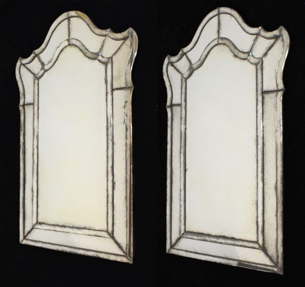 Pair of 20th Century Italian (probably Venetian) wall mirrors, each having arched shallow-bevelled