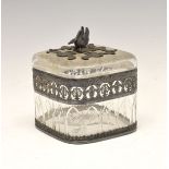 Late 19th Century French cut glass box and cover, the cover having a swan finial, the silver