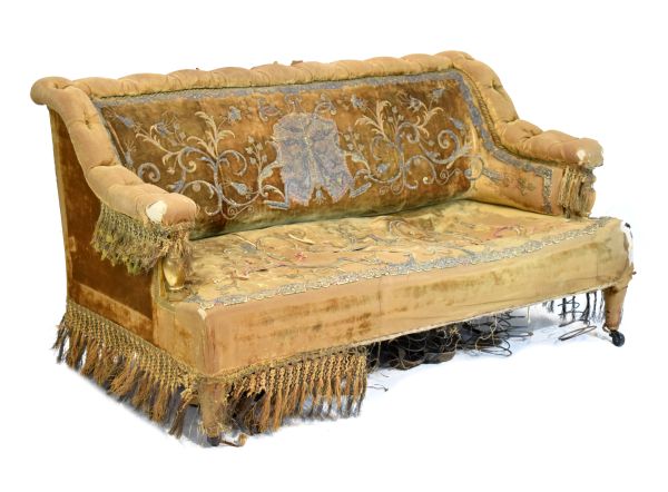 19th Century stumpwork-decorated two seater sofa or settee, the deep-buttoned top rail and arms