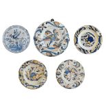 Group of five 16th Century Talavera or Puente dishes, with various designs, 21cm/26.5cm diameter