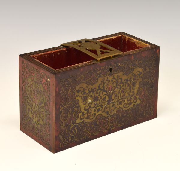 19th Century French boulle red tortoiseshell and brass book box, the brass locking bar with engraved