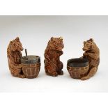 Doulton Lambeth three piece condiment set, each piece in the form of a brown glazed bear, the silver