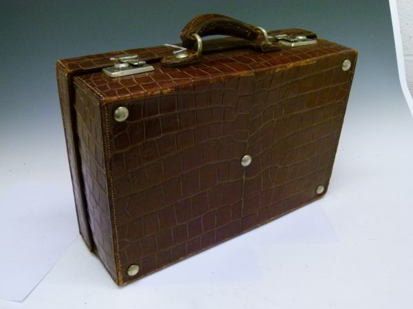 Small early 20th Century crocodile leather suitcase, having nickel plated fittings, makers label for - Image 6 of 8